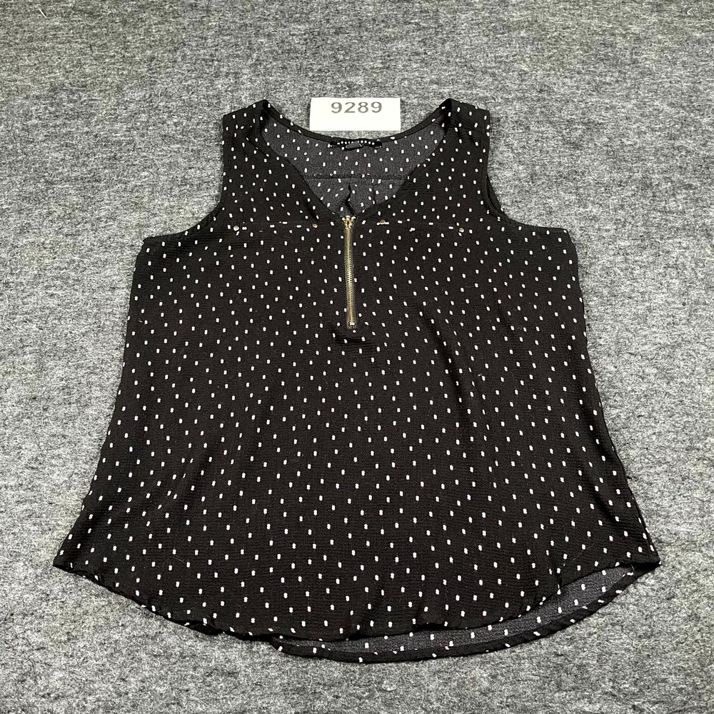 Haute Monde Tank Top Womens Medium Black Polka Dot Stretch V Neck Zipper Accent